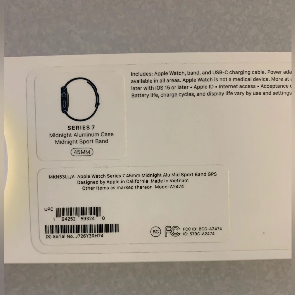 Apple Watch Series 7 45mm Midnight Aluminum Sport Band + GPS Original Apple Box
